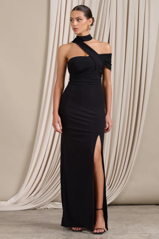 Lyla | Black Asymmetric Off The Shoulder Ruched Maxi Dress with Side Split sold by Club L London