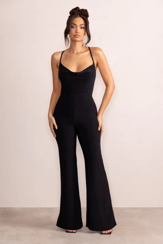 Itzel | Black Cowl Neck Strappy Back Flared Leg Jumpsuit made by Club L London