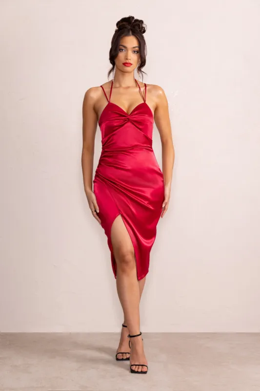 Penelope | Red Satin Twist Front Strappy Midi Dress sold by Club L London