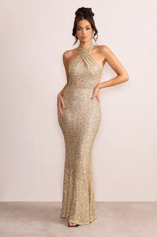Mina | Champagne Sequin Cross Over Halterneck Maxi Dress sold by Club L London