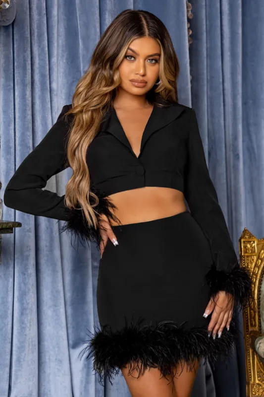 Tempting | Black Cropped Blazer With Feather Trim sold by Club L London