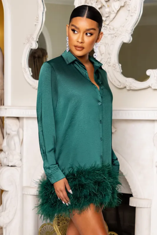 Step It Up | Bottle Green Shirt Satin Mini Dress With Feather Trim sold by Club L London