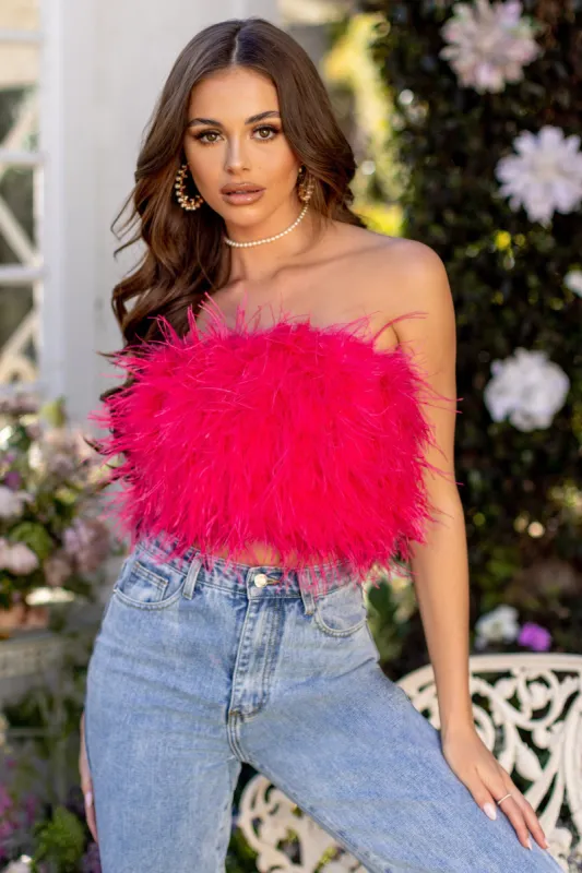 Dream Daze | Hot Pink Feather Bandeau Crop Top sold by Club L London