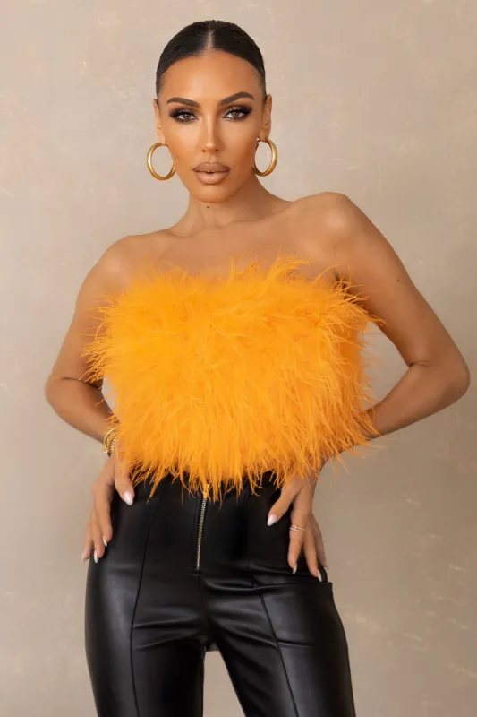 Dream Daze | Orange Feather Bandeau Crop Top sold by Club L London