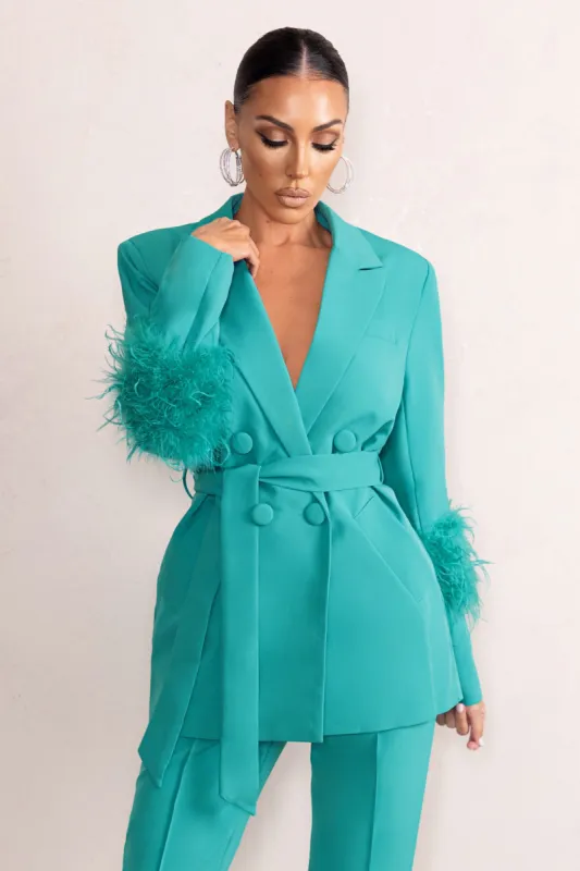 Just Like That | Turquoise Belted Blazer With Feather Detail sold by Club L London