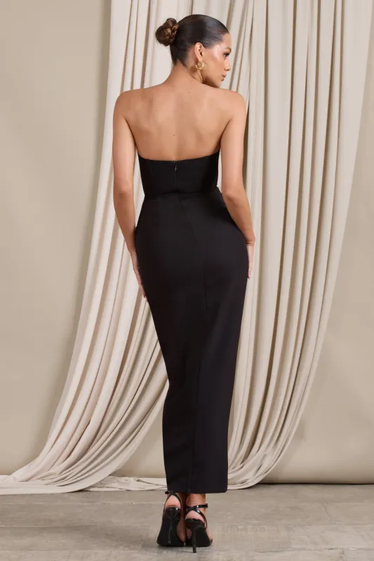 High Class | Black Bandeau Thigh Split Maxi Dress With Feather Trim | Parallel High Class | Black Bandeau Thigh Split Maxi Dress With Feather Trim | Parallel