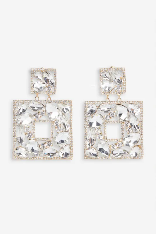 Beth | Gold Diamante Square Drop Earrings sold by Club L London
