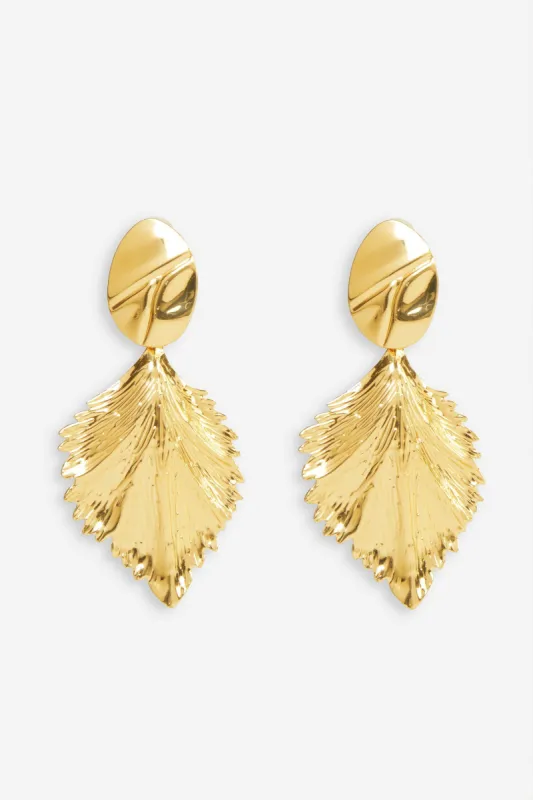 Nadina | Gold Drop Leaf Earrings sold by Club L London