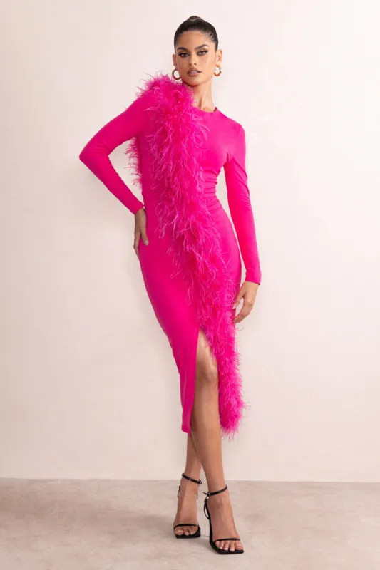 Claire | Hot Pink High Neck Split Front Long Sleeve Midi Dress With Feather Detail made by Club L London