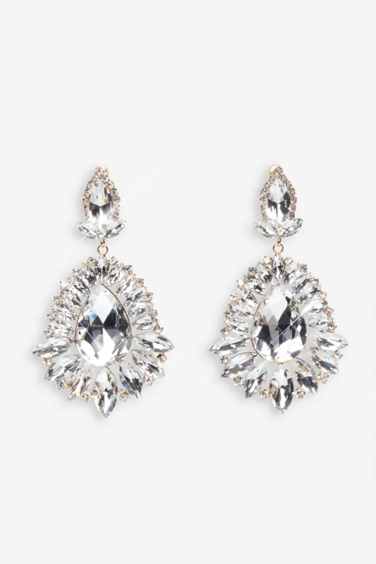 Sabine | Gold Diamante Drop Earrings sold by Club L London