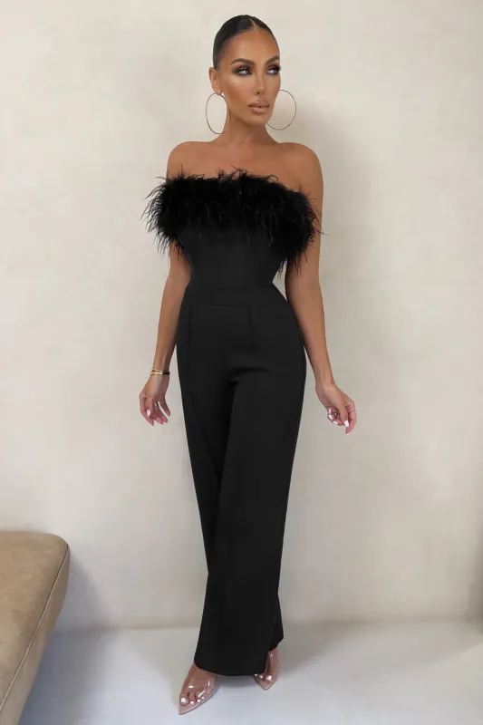 First Class | Black Bandeau Feather Wide Leg Jumpsuit sold by Club L London