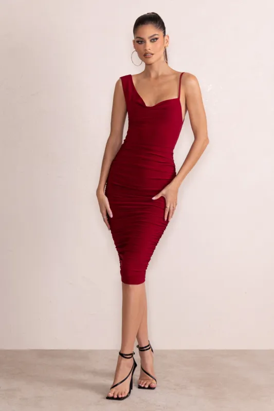 Leona | Burgundy Asymmetric Cowl Neck Midi Dress With Ruching Detail sold by Club L London