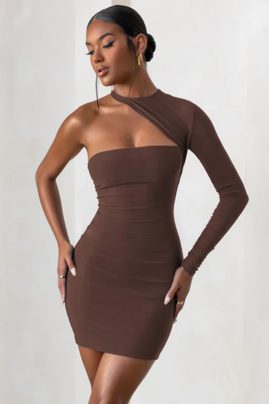 Perfect Touch | Chocolate One Shoulder Long Sleeve Mini Dress sold by Club L London