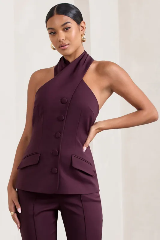 Remi | Burgundy Cross Halter Neck Tailored Sleeveless Blazer Top sold by Club L London