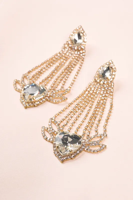 Fiorella | Gold Diamante Heart Crystal Shape Drop Earrings sold by Club L London