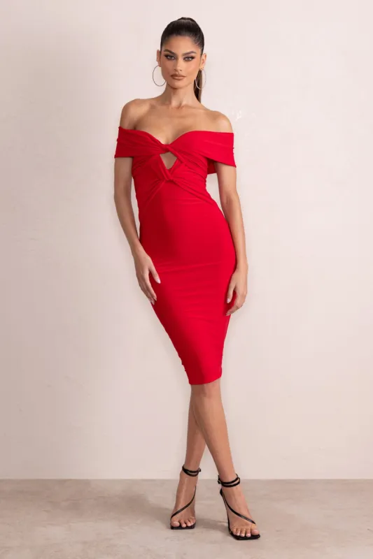 Hadley | Red Twist Detail Bardot Bodycon Midi Dress sold by Club L London