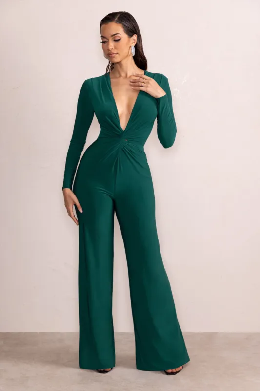 Ember | Bottle Green Twist Front Plunge Wide Leg Jumpsuit sold by Club L London