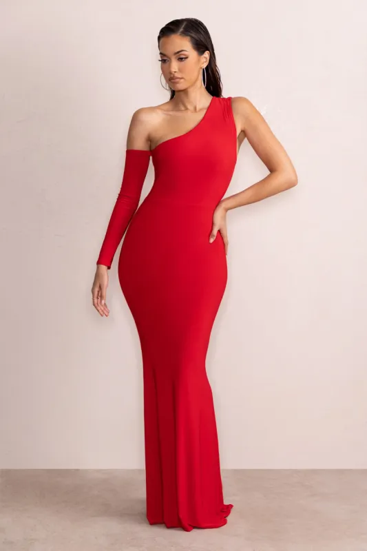 Baylor | Red One Shoulder Draped Skirt Maxi Dress sold by Club L London
