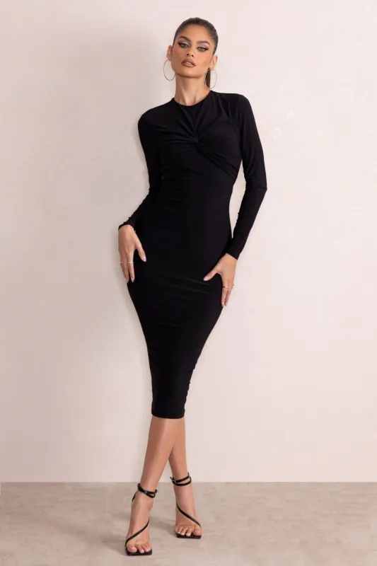 Anna | Black High Neck Twist Front Bodycon Midi Dress With Long Sleeves sold by Club L London
