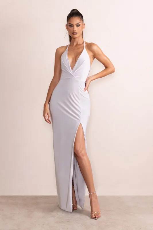 Amira | Silver Plunge Neck Cowl Back Maxi Dress With Diamante Trim sold by Club L London