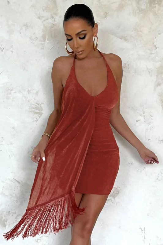 High Summer | Rust Plunge Mini Dress With Tassel Detail sold by Club L London