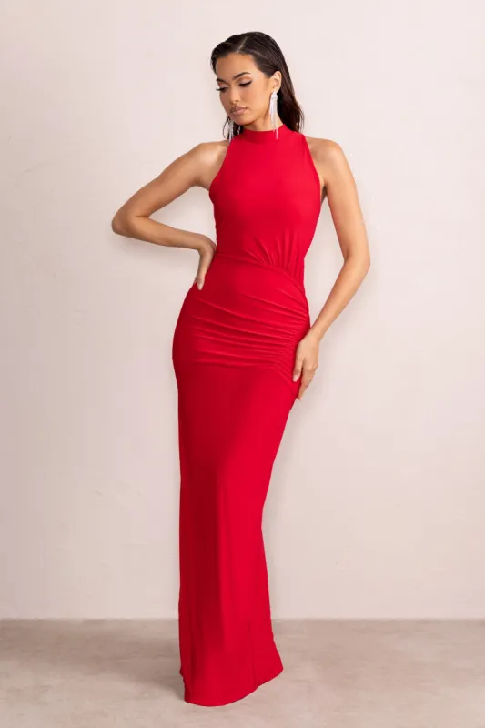 Liori | Red Halter Neck Maxi Dress With Ruching Detail sold by Club L London