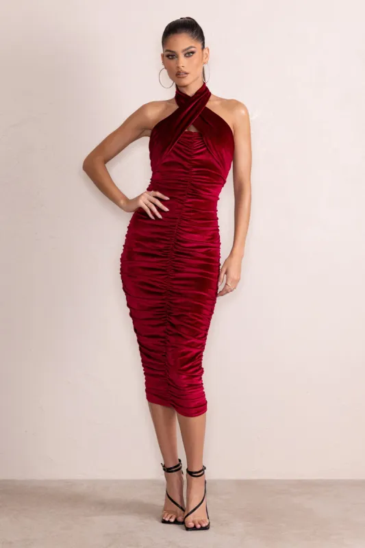 Hourglass | Berry Velvet Halterneck Ruched Midi Dress sold by Club L London
