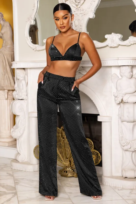 Adorned | Black Diamante Satin Wide Leg Trousers sold by Club L London
