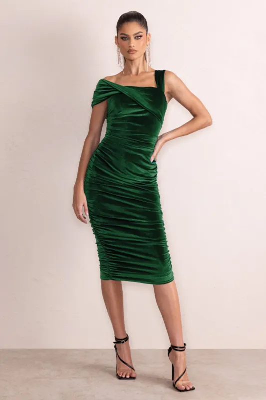 Daniela | Bottle Green Velvet One Shoulder Ruched Midi Dress sold by Club L London