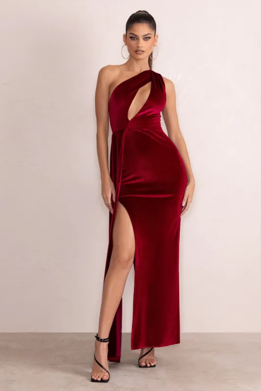 Lavish | Berry Velvet One Shoulder Front Cut Out Maxi Dress With Drape Detail sold by Club L London
