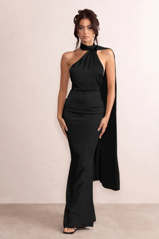 Mademoiselle | Black Satin Asymmetric Scarf Neck Backless Maxi Dress sold by Club L London