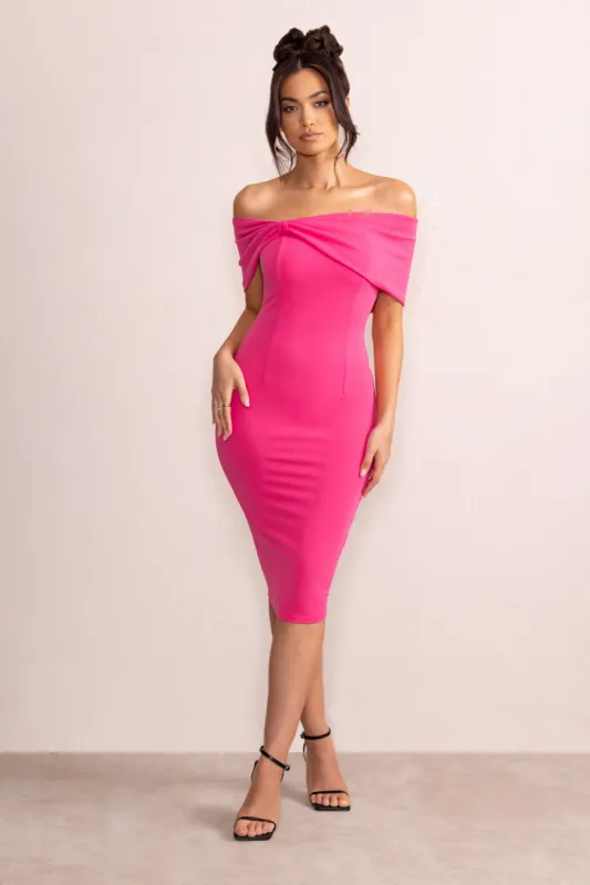 Alyssa | Hot Pink Bardot Bow Detail Midi Dress sold by Club L London