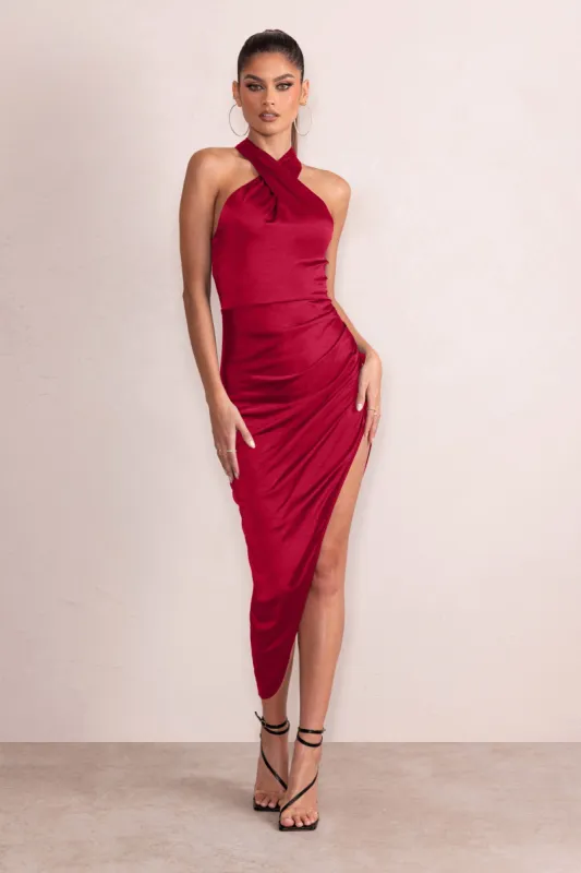Samara | Red Satin Cross Halter Neck Asymmetric Skirt Midi Dress sold by Club L London
