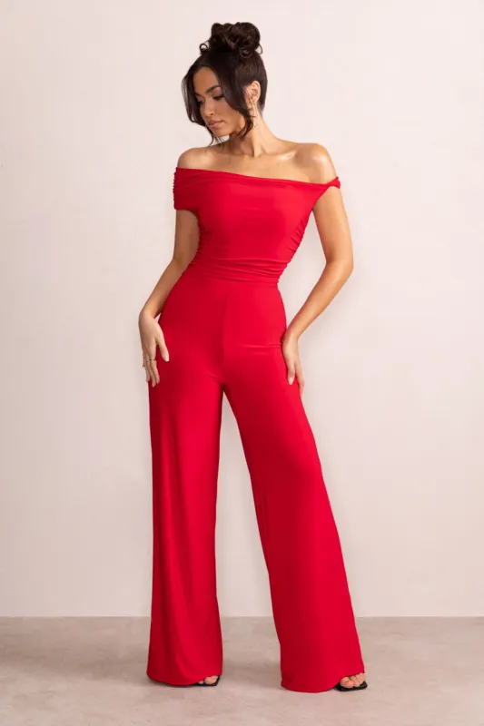 Avery | Red Asymmetric Bardot Ruched Jumpsuit With Wide Leg sold by Club L London