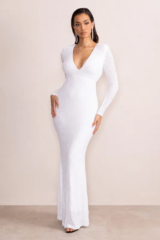 Amani | White Sequin Plunge Neck Long Sleeves Fishtail Maxi Dress sold by Club L London