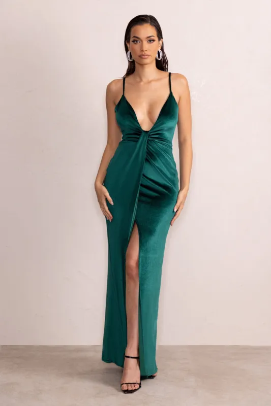 Miranda | Bottle Green Velvet Plunge Neck Twist Maxi Dress sold by Club L London