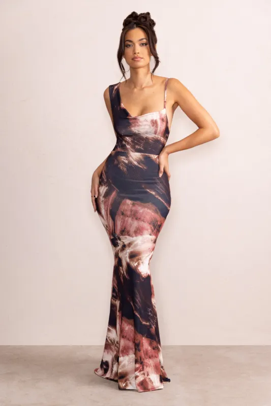 Phantasy | Brown Print Asymmetric Neckline Cowl Maxi Dress sold by Club L London