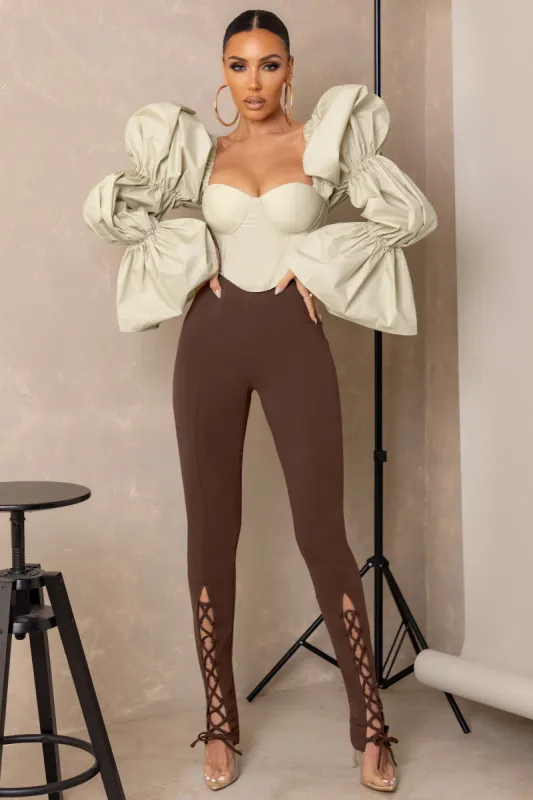 Accomplish | Brown Lace Up Detail Legging With Split Hem sold by Club L London