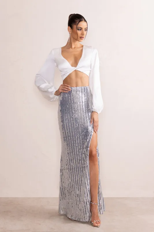 Sasha | Silver Sequin Fishtail Maxi Skirt With Side Split sold by Club L London