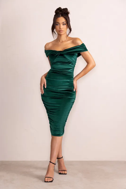 Gratitude | Bottle Green Velvet Off The Shoulder Ruched Midi Dress sold by Club L London