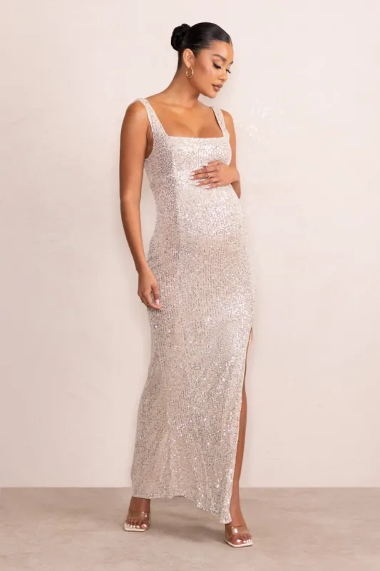 Sparkle Mama | Nude Maternity Sequin Split Hem Maxi Dress sold by Club L London