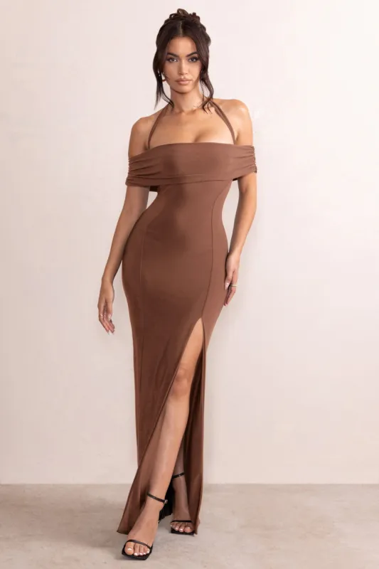 Anisa | Chocolate Brown Layered Halter Neck Bardot Maxi Dress With Thigh Split sold by Club L London