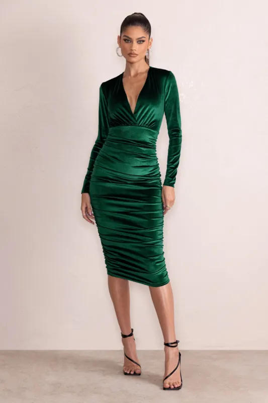 Antonella | Bottle Green Velvet Plunge Neck Ruched Midi Dress With Long Sleeves sold by Club L London