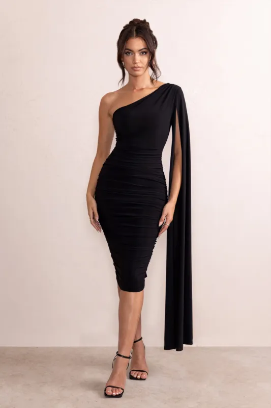 Yara | Black One Shoulder Cape Ruched Midi Dress sold by Club L London