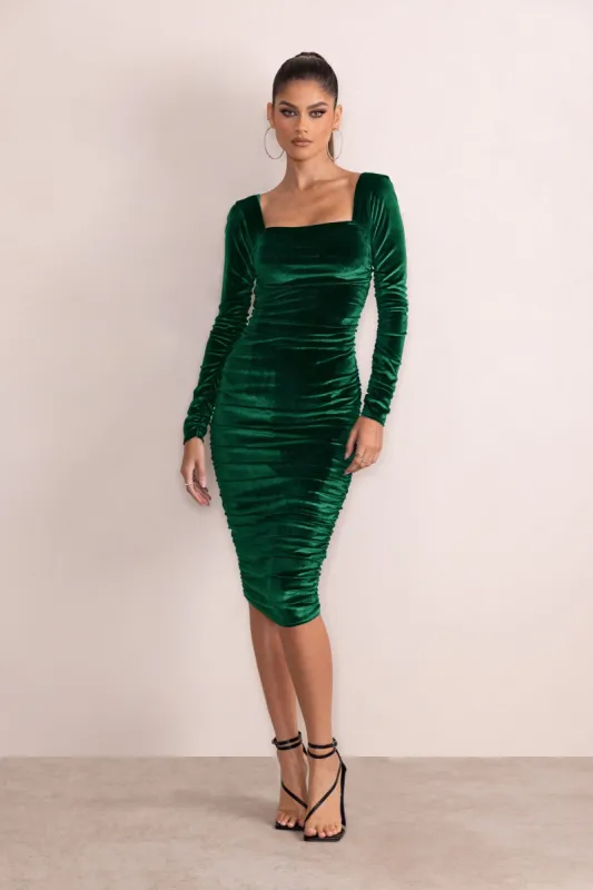 Seductress | Bottle Green Velvet Square Neck Bodycon Midi Dress With Long Sleeves sold by Club L London