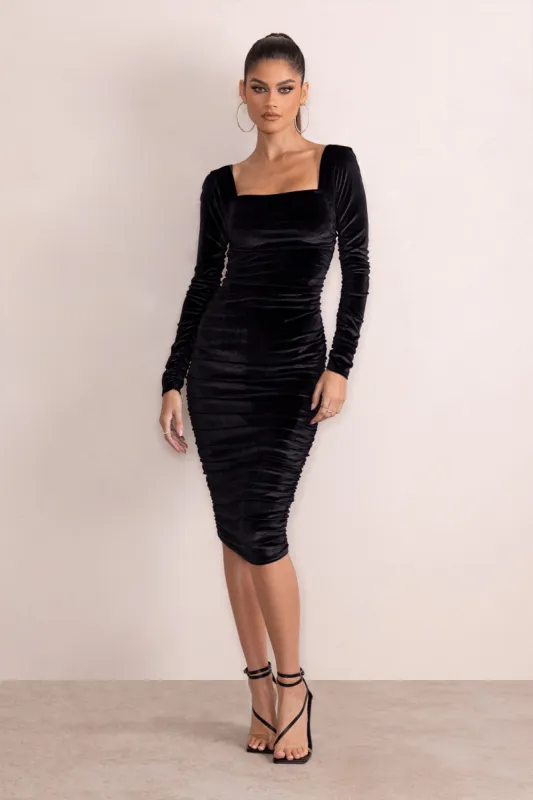 Seductress | Black Velvet Square Neck Bodycon Midi Dress With Long Sleeves sold by Club L London