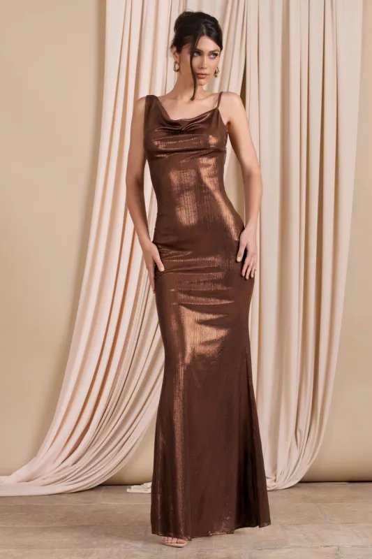 Galaxy Shimmer | Bronze Bias Cut Cowl Front Maxi Dress sold by Club L London