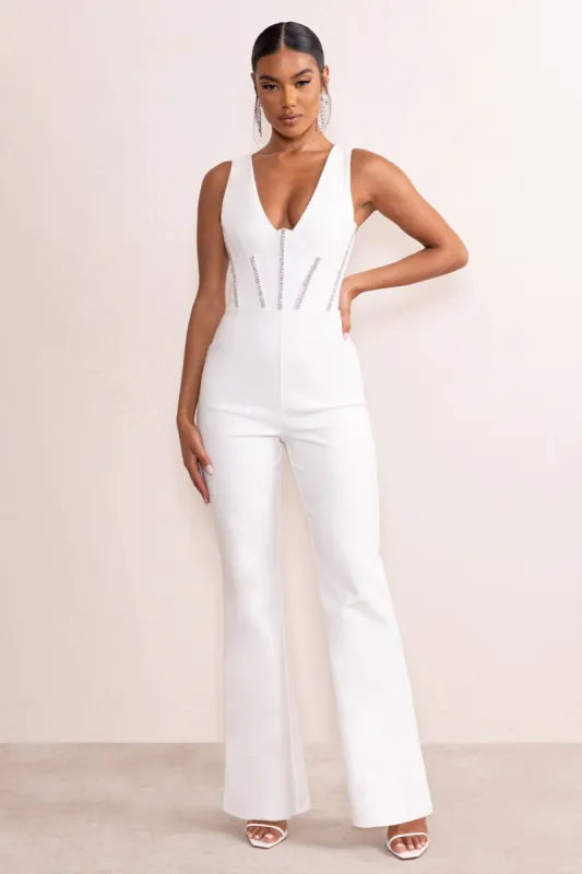Alison | White Shaped Corset Jumpsuit With Diamante Trim Detail sold by Club L London