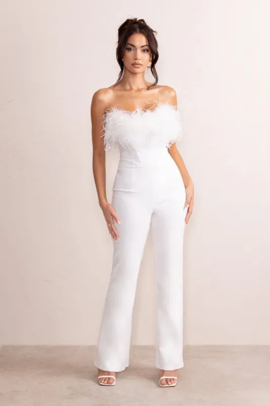 Tessa | White Shaped Neckline Corset Jumpsuit With Feather Trim Detail sold by Club L London