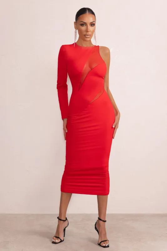 Marya | Red High Neck Asymmetric Mesh Detail Bodycon Midi Dress sold by Club L London